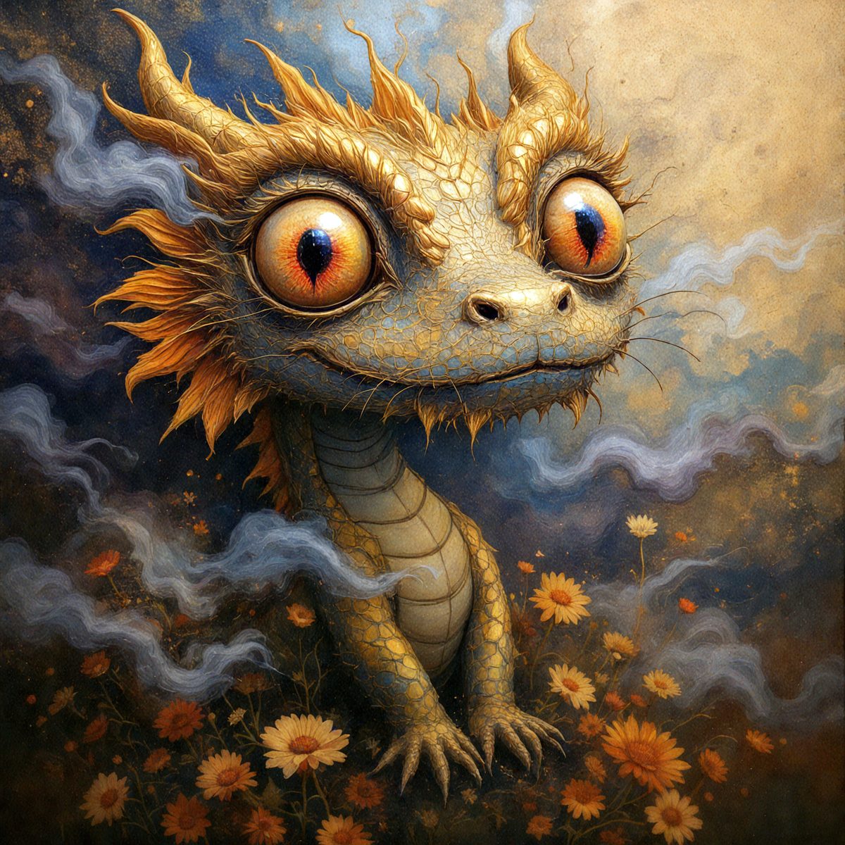 The primary subject of the image is a dragon, which is depicted as a small, cute, and colorful creature. The dragon is sitting in a field of flowers, surrounded by a variety of yellow and orange flowers. The setting appears to be a whimsical and imaginative scene, possibly a part of a fantasy world or a children's story. The visual style of the image is a combination of digital art and illustration, creating a vibrant and lively atmosphere. The dominant colors in the image are yellow, orange, and various shades of blue, which contribute to the overall cheerful and playful mood.